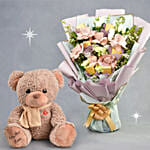 Mesmerising Flowers and Chocolates Bouquet with Teddy bear