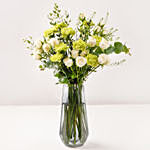 Carnation And Roses In White Vase