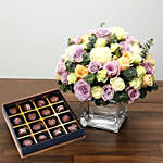 Purple and White Roses Array With Belgian Chocolates