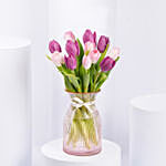 Purple and Pink Tulips in Premium Glass Vase
