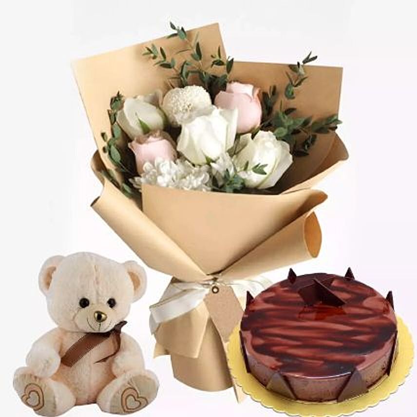 Chocolate Ganache Cake With Flowers & Teddy: Gifts To Dammam
