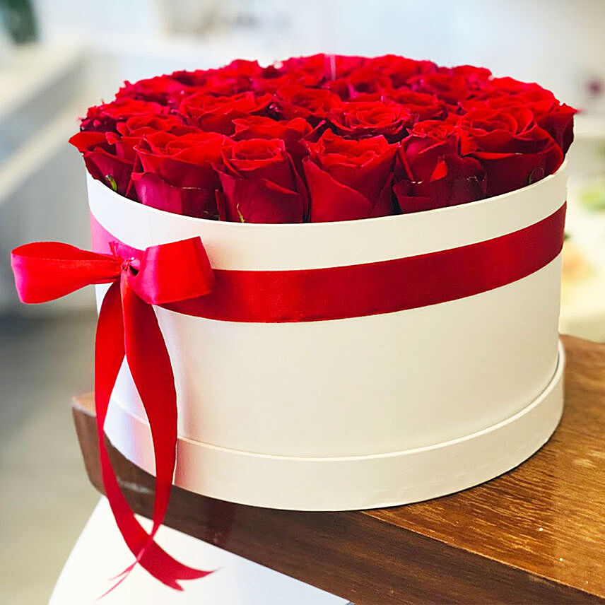 Romantic Red Roses White Box Arrangement: 