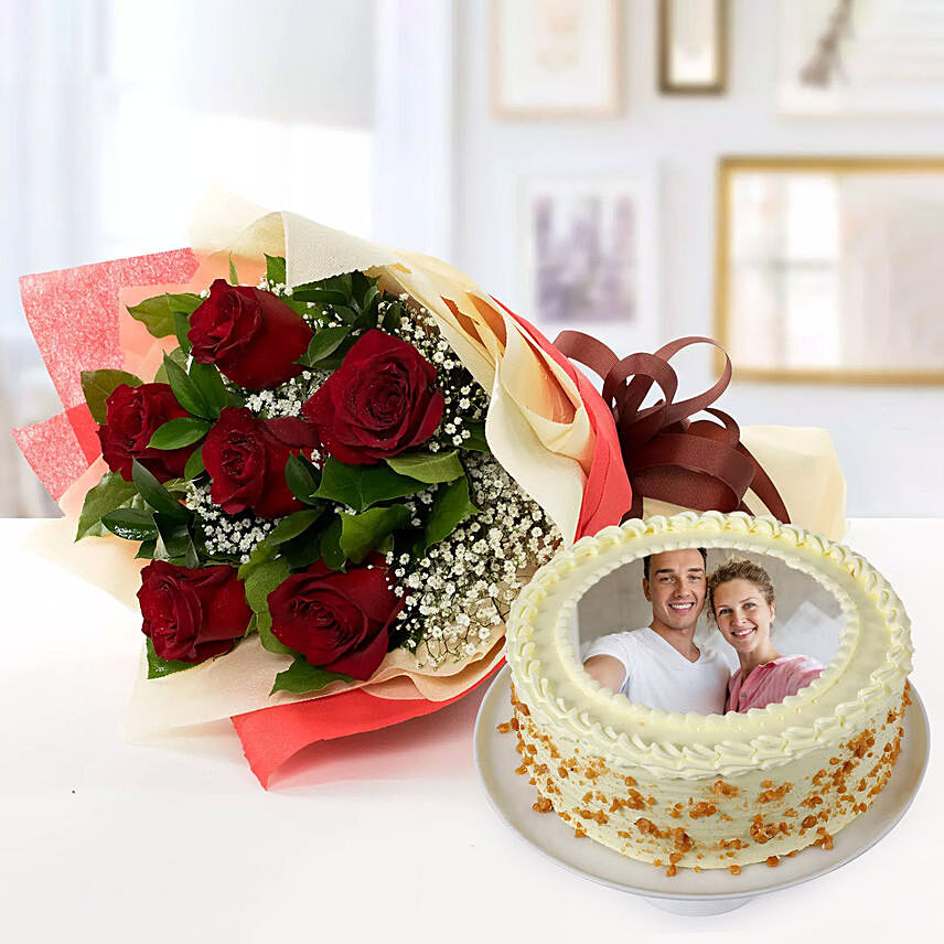 Butterscotch Cake With Red Roses Bouquet: Send Anniversary Cakes to Saudi Arabia