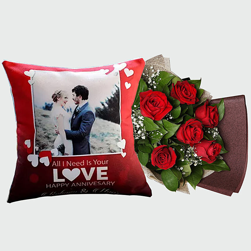 Rose Bouquet And Personalised Cushion Cover: Send Gift Combos to Saudi Arabia