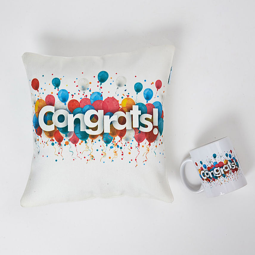 Colourful Congrats Cushion N Mug Combo: Send Gift Combos to Saudi Arabia