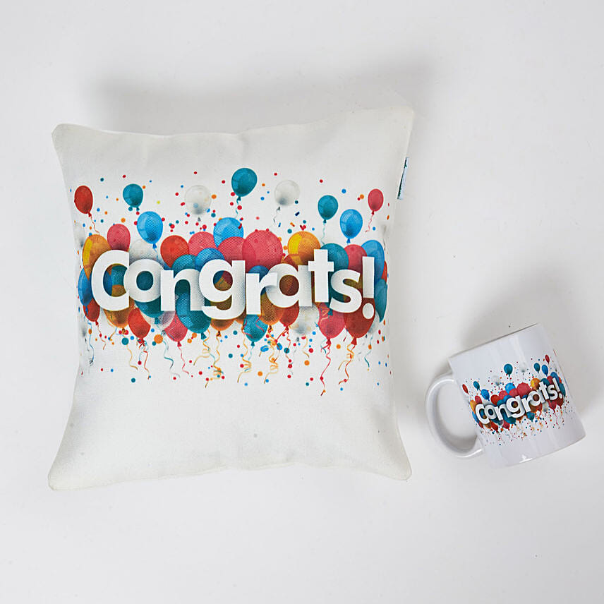 Colourful Congrats Cushion N Mug Combo: Send Personalised Gifts to Saudi Arabia