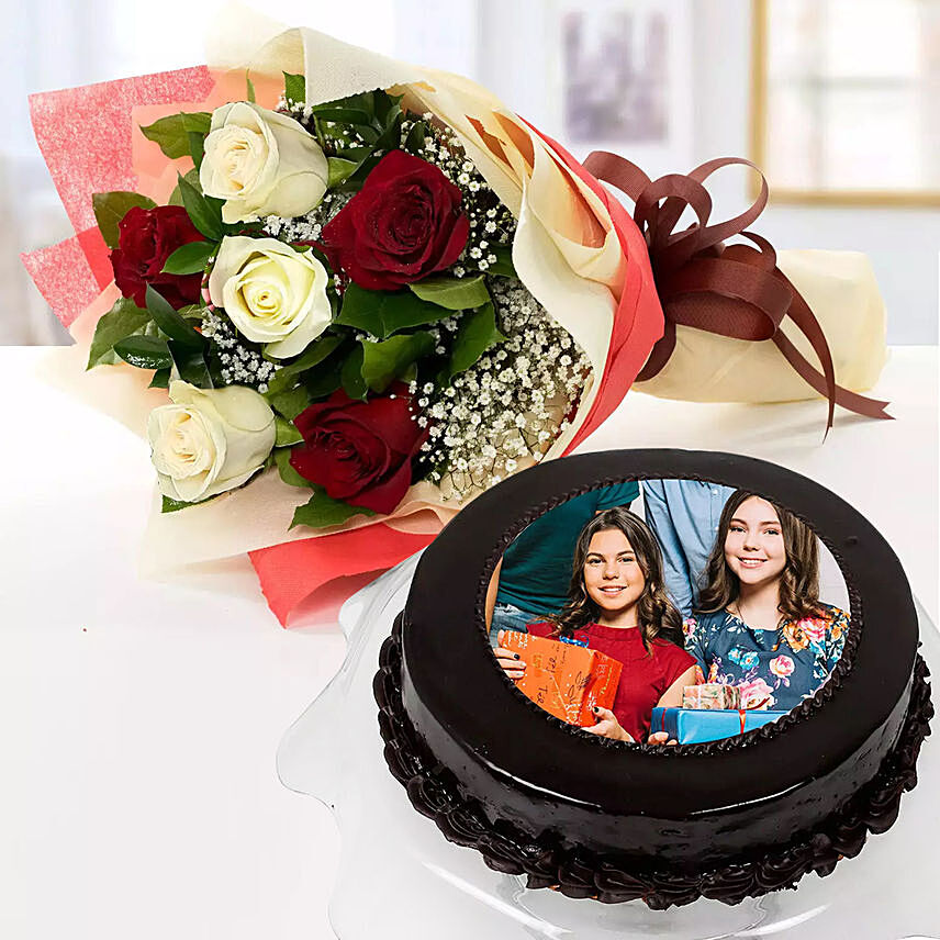 Chocolate Truffle Birthday Special Photo Cake With Flower Half Kg: Send Flowers and Cakes to Saudi Arabia