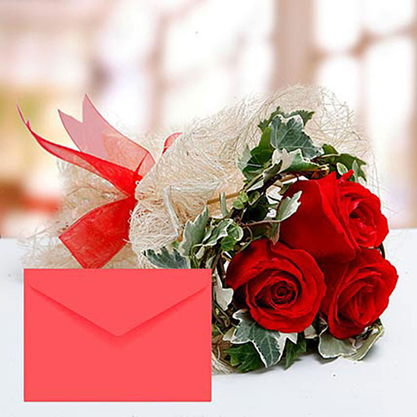 Red Roses Bouquet With Greeting Card: 