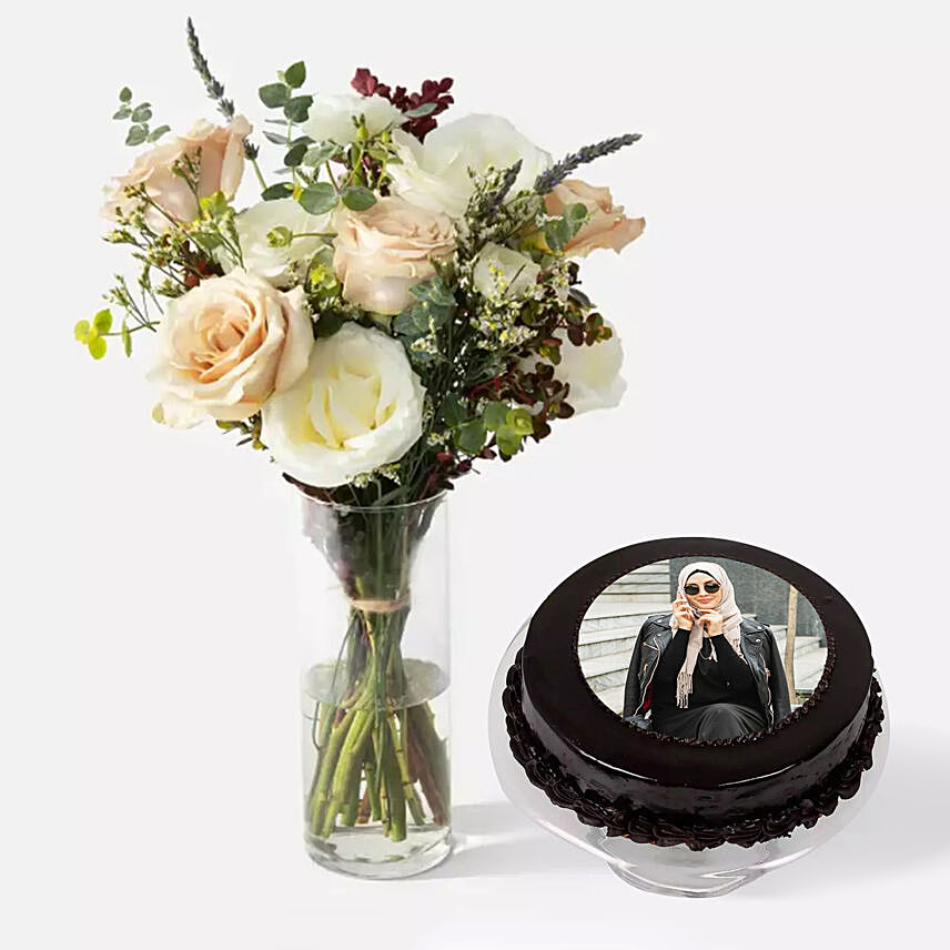 Assorted Roses With Truffle Birthday Photo Cake: 