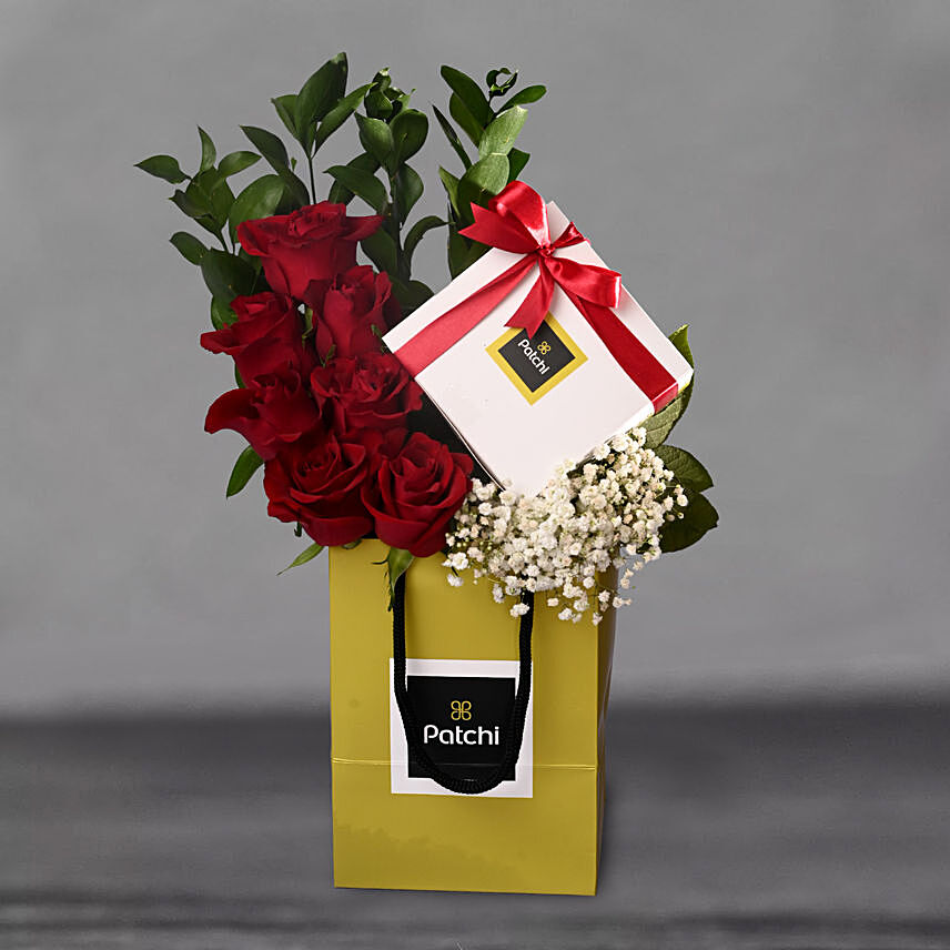 Red Roses And Patchi Chocolates Arrangement: 