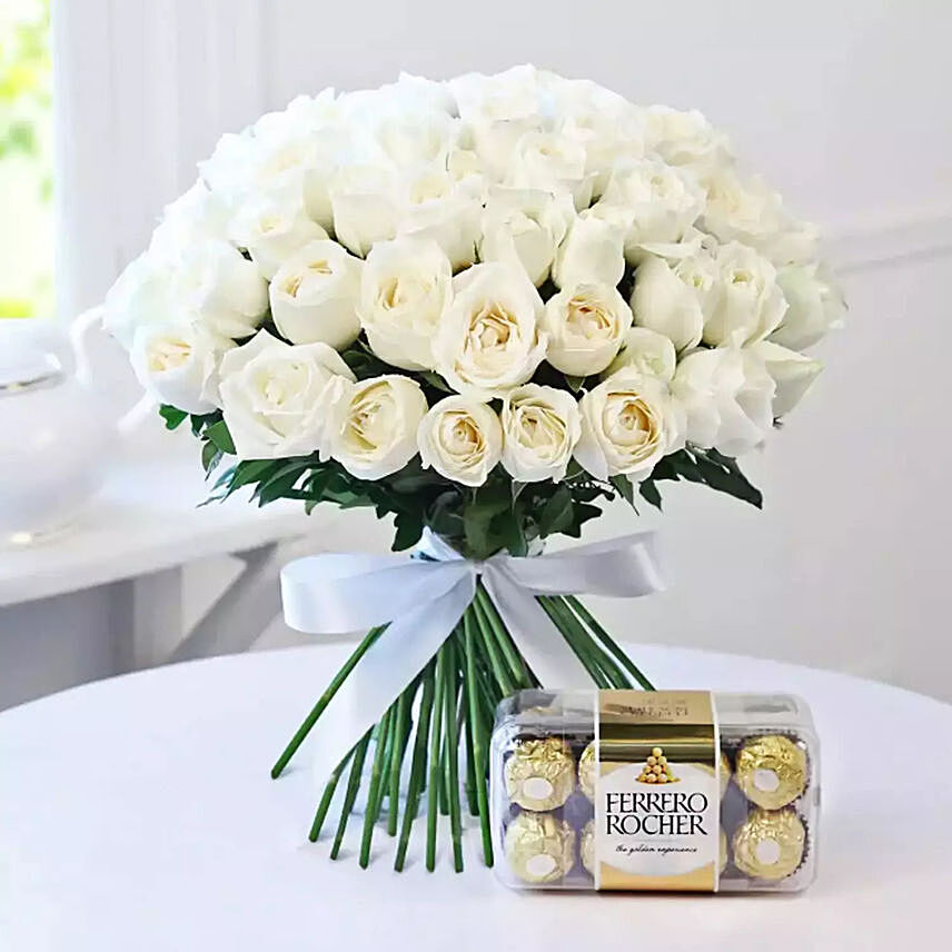 White Roses Bunch And Ferrero Rocher: Flowers To Al-Jubail
