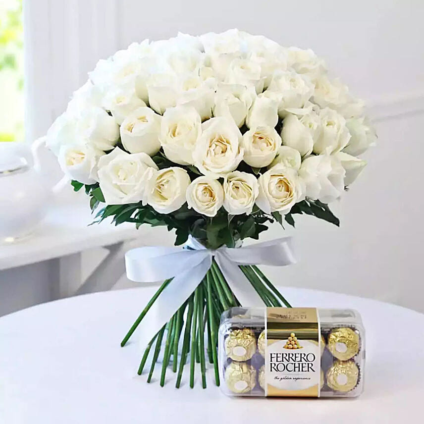White Roses Bunch And Ferrero Rocher: 