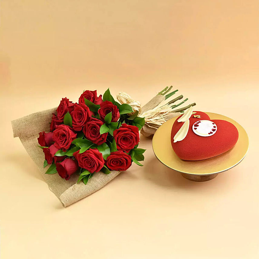 12 Red Roses Bouquet and Cake: Valentines Day Gifts to Saudi Arabia