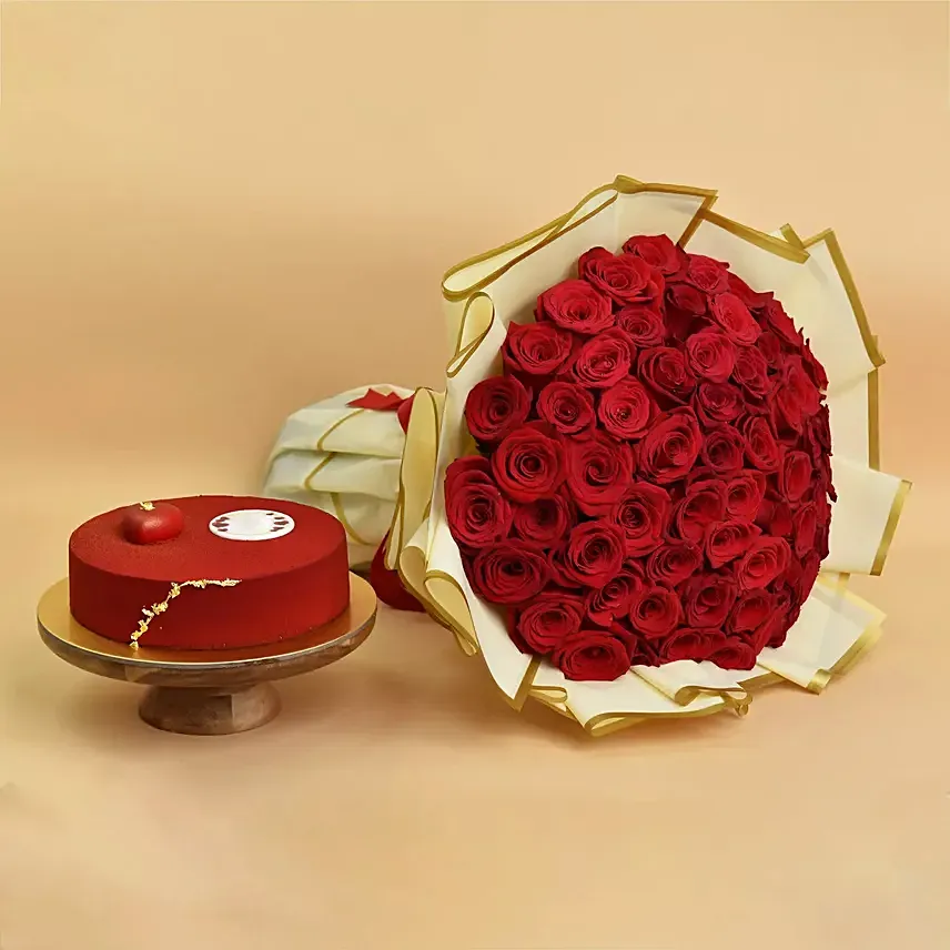 50 Roses Bouquet And Cake: Valentines Gifts Delivery in Saudi Arabia