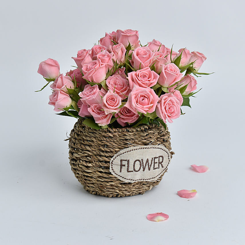 Pink Spray Rose In Small Basket: 