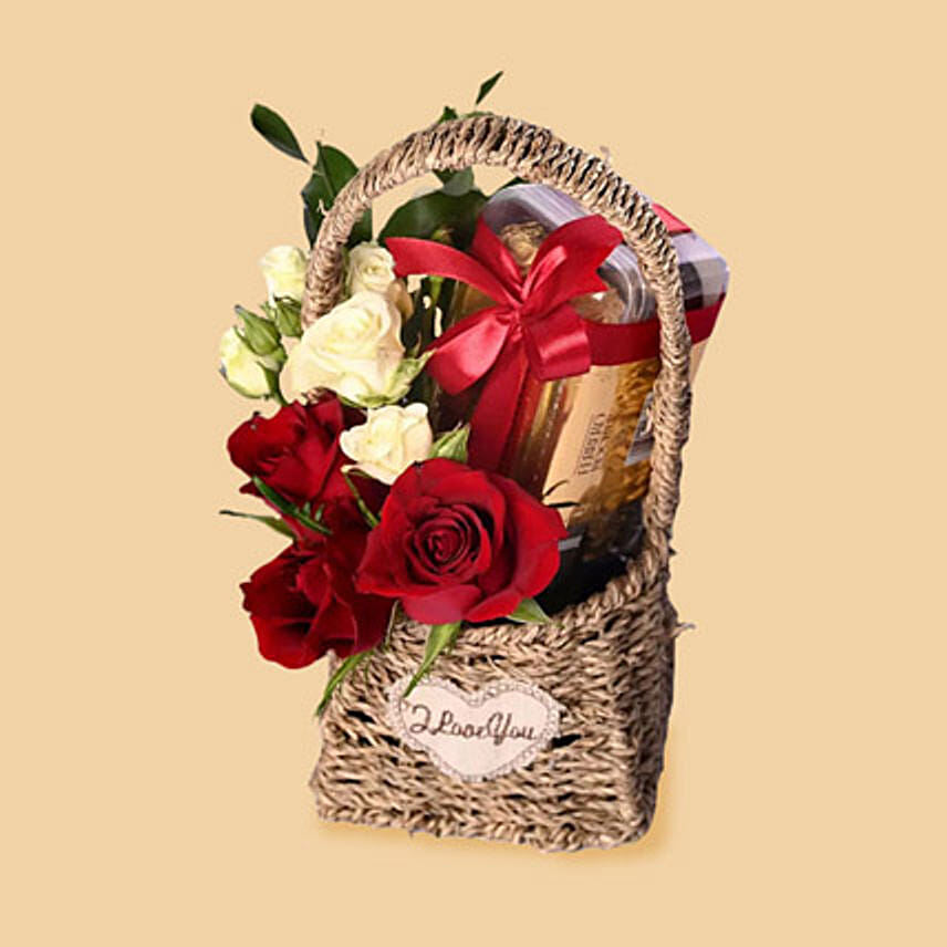 Beautiful Mixed Roses And Ferrero Rocher Basket: 