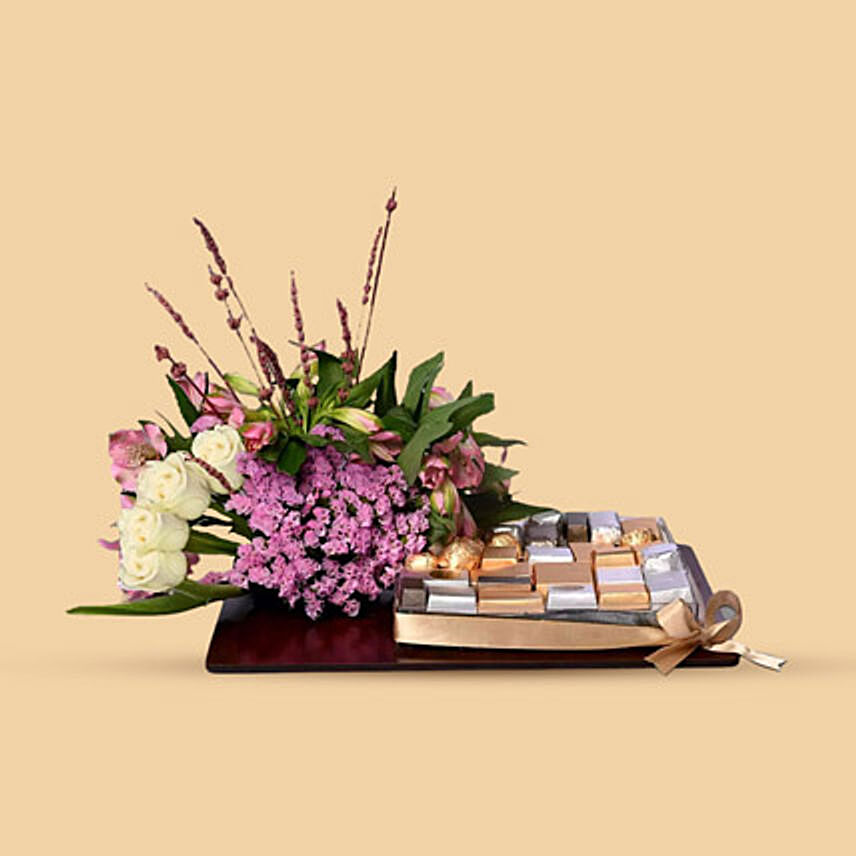 Chocolates And Mixed Flowers Tray: 