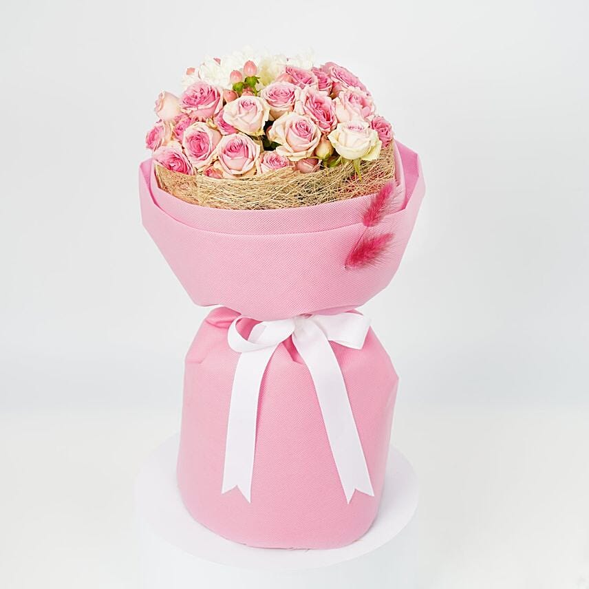 Pink Baby Rose Bouquet In Eco Pink Wrap: Send Gifts to Saudi Arabia from UAE