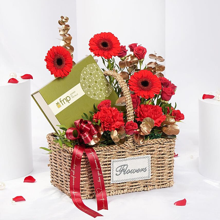 Love Basket Red Gerbera N Roses With Chocolates: Valentines Day Gifts to Saudi Arabia