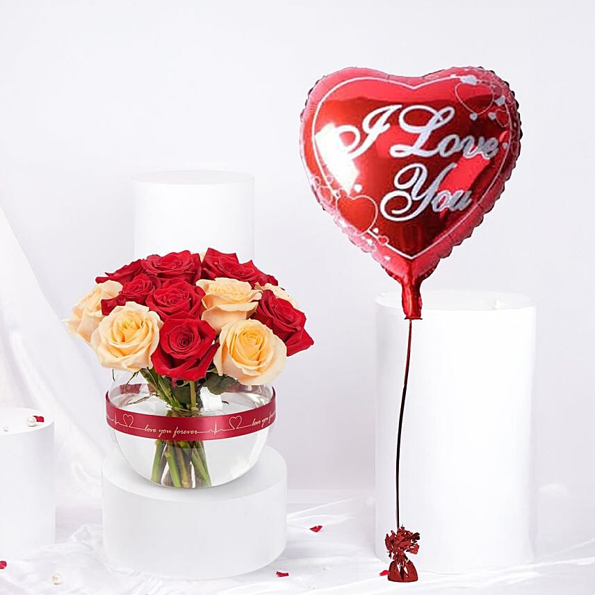 Valentine Rose Bowl N Heart Shape Balloons Combo: Valentines Day Gifts to Saudi Arabia
