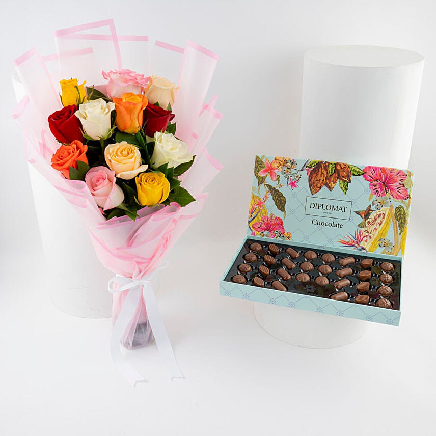 Diplomatic Chocolate Box N Colorful Rose Bouquet: هدايا رمضان في السعودية