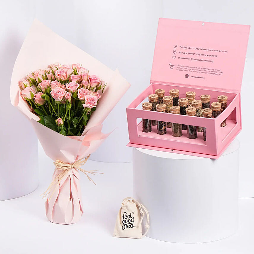 Pink Spray Rose Bouquet n Feel Good Tea Box: 