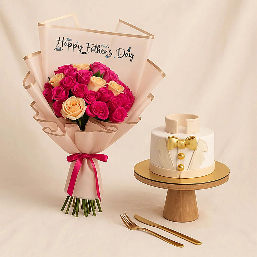Cake n Dark Pink Baby Roses Bouquet: Fathers Day Gifts to Saudi Arabia