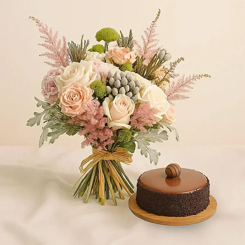 Pastel Petals Flower Bouquet With Chocolate Cake: Send Flowers and Cakes to Saudi Arabia