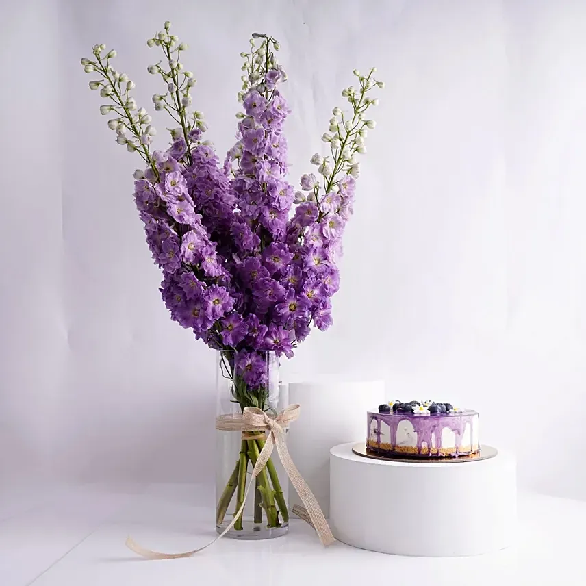 Blueberry Cheesecake With Delphinium Vase: Send Flowers and Cakes to Saudi Arabia