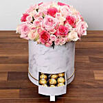 Box Of Pink Roses And Ferrero Rocher Chocolates