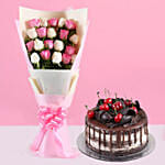 Pink White Roses & Black Forest Cake