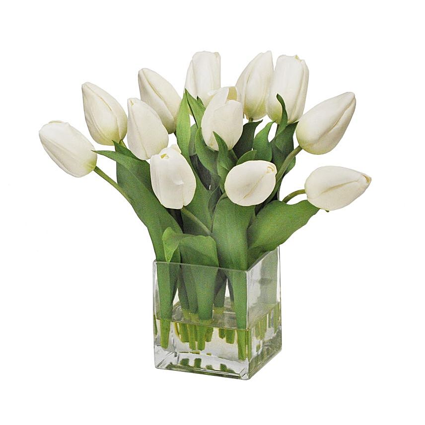 Peaceful White Tulips Square Glass Vase Arrangement: Sympathy-N Funeral Flowers To Singapore