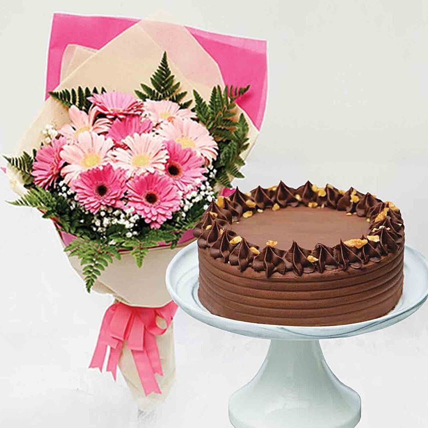 Pink Gerbera Bouquet Chocolate Brownie Cake: Flowers N Cakes to Singapore