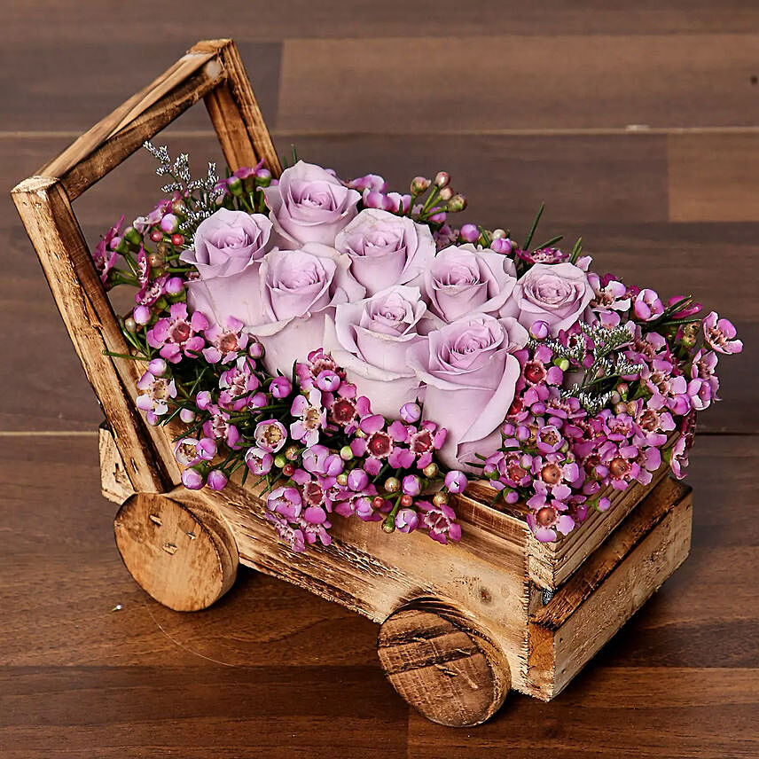 Purple Roses Arrangement In a Cart: 
