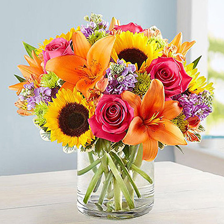 Vivid Bunch Of Flowers In a Glass Vase: Florist Singapore