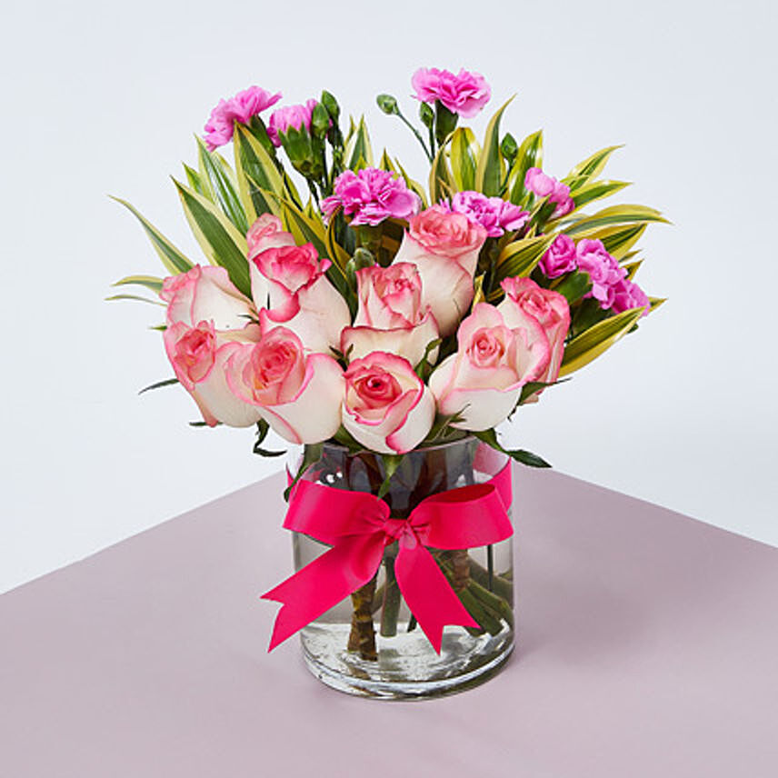 Dual Shade Roses And Carnations In Vase: Gifts For House Warming