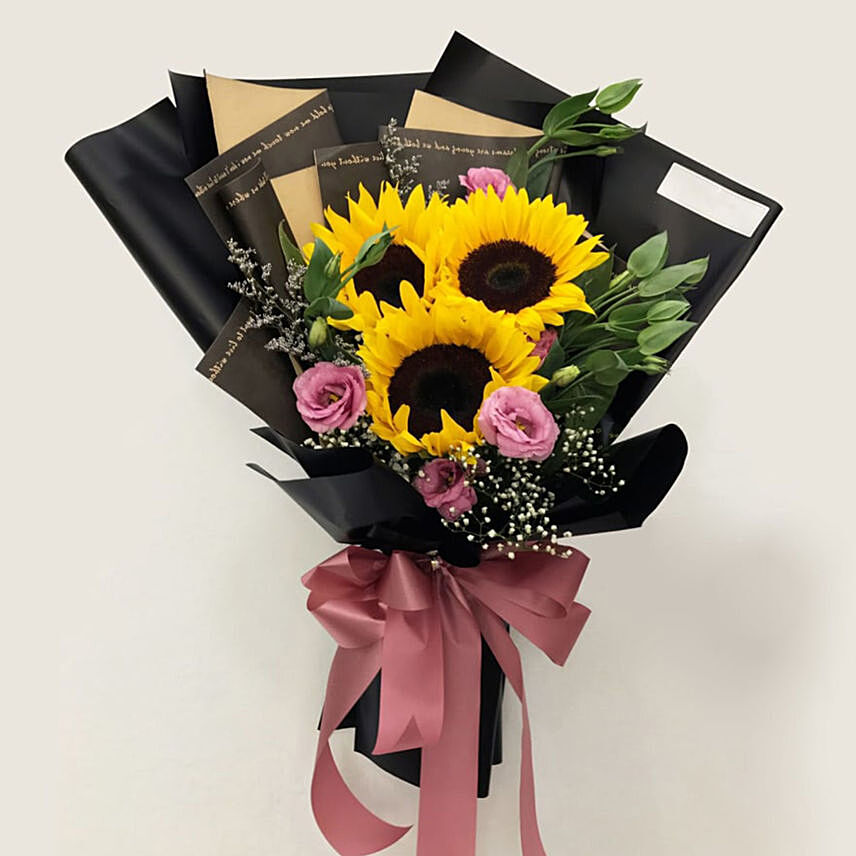 Sunflower N Lisianthus Beautifully Wrapped Bouquet: 
