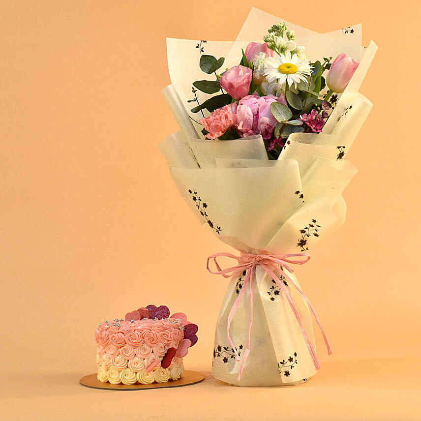Beautiful Mixed Flowers Bouquet & Floral Heart Choco Cake: 