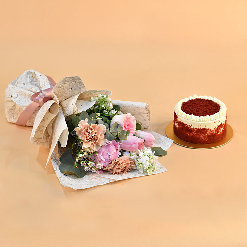 Beautiful Mixed Flowers Bouquet & Red Velvet Cake: Flowers N Cakes to Singapore