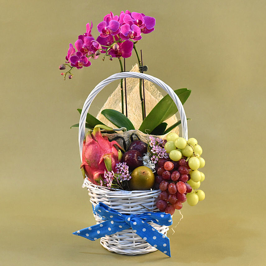 Purple Orchids & Assorted Fruits Basket: Send Gift Hampers To Singapore
