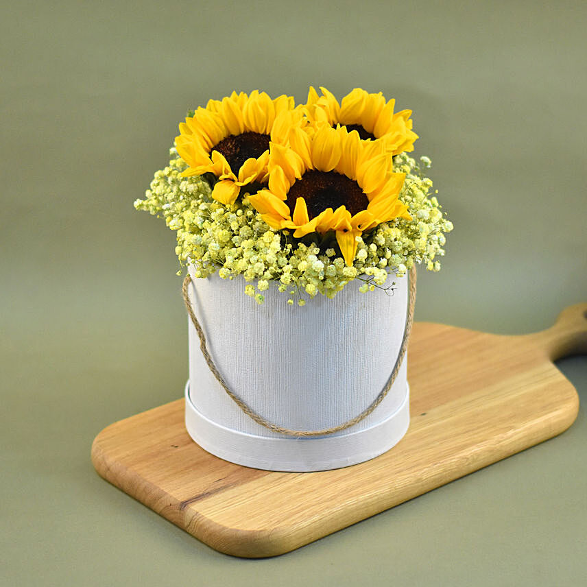 Cheerful Sunflowers & Baby Breath Box Arrangement: Send Flower Box To Singapore