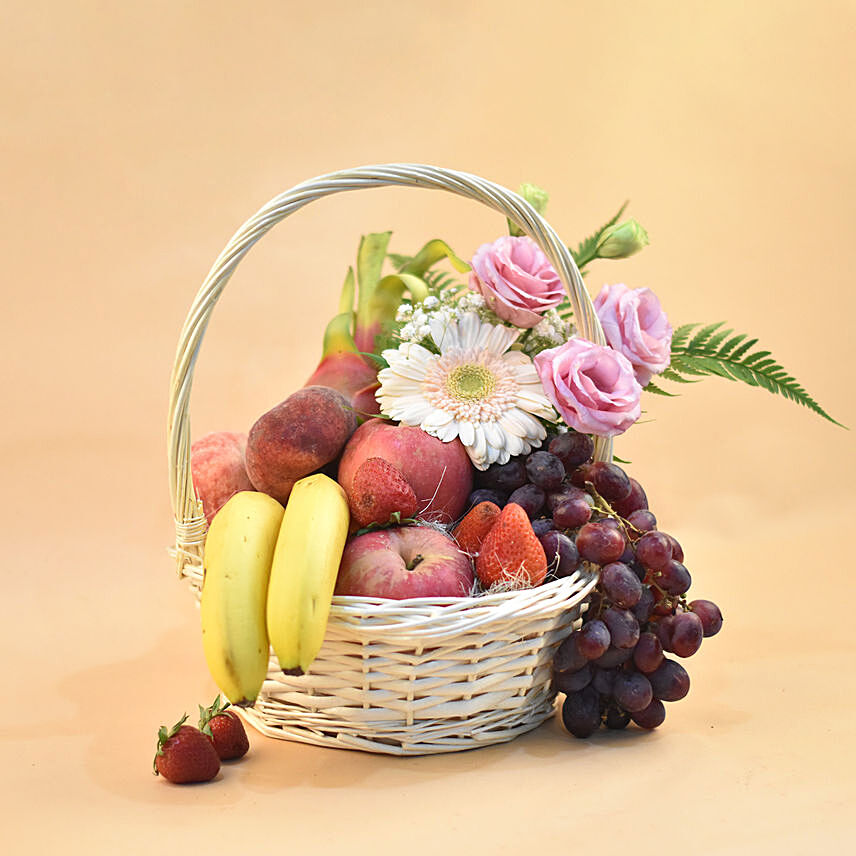 Mixed Flowers & Assorted Fruits Round Basket: Send Gift Hampers To Singapore
