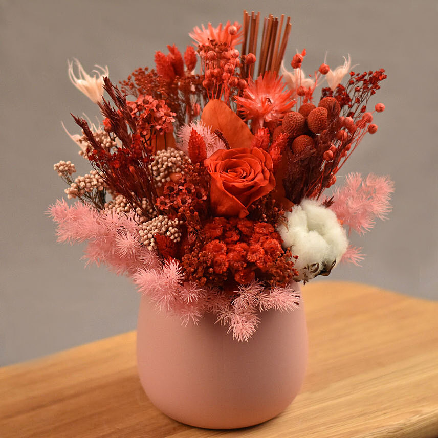Ravishing Mixed Preserved Flowers Designer Vase: Gifts For House Warming