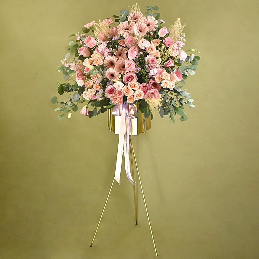 Blooming Pink Flowers Tripod Stand: 