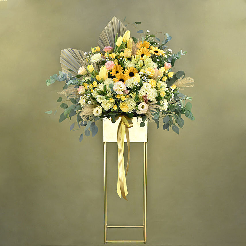 Graceful Mixed Flowers Golden Stand: 