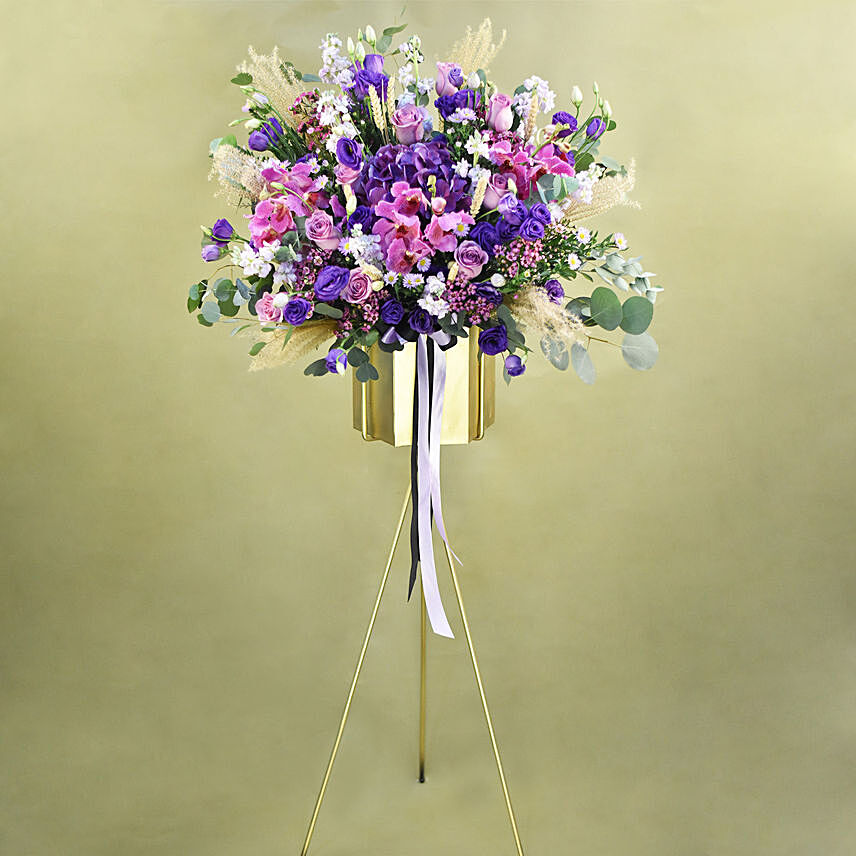 Mesmerising Purple & Pink Flowers Tripod Stand: Send Grand-Opening Flowers to Singapore