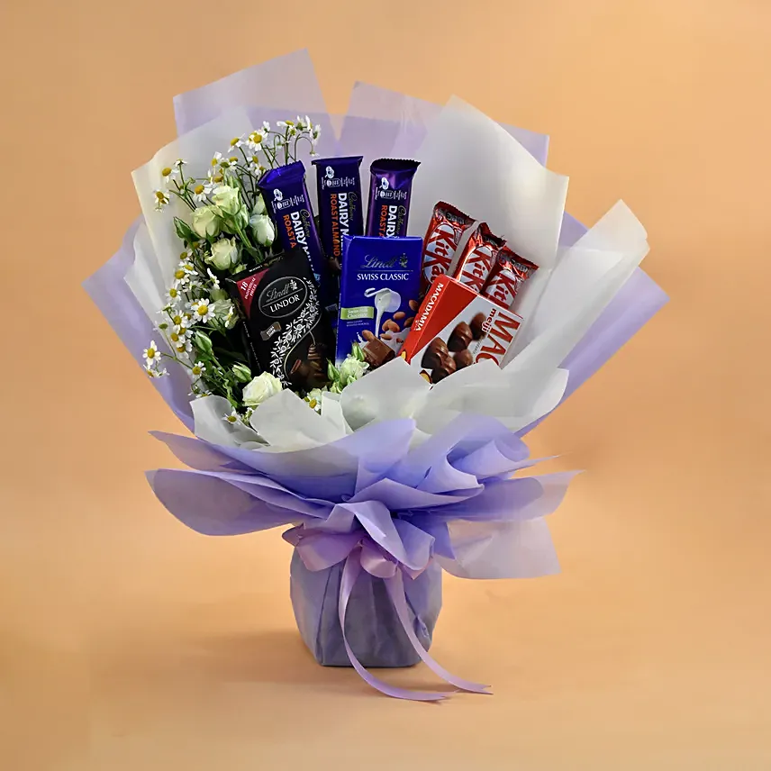 Serene Mixed Flowers & Chocolates Bouquet: 