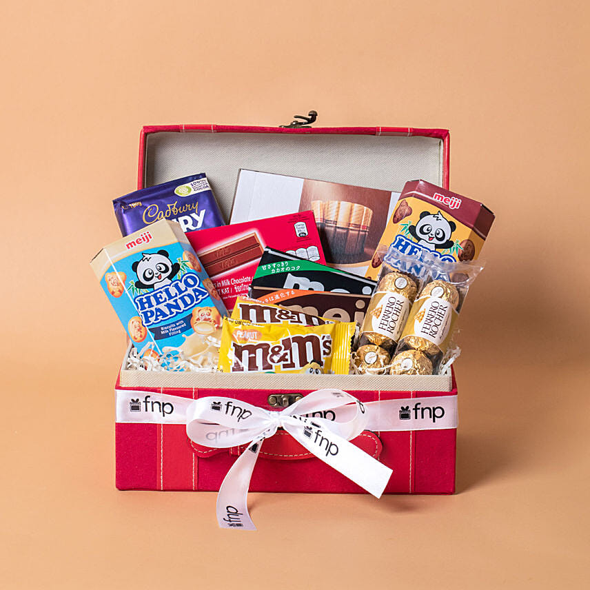 Delightful Treats Red Leather Basket: Send Gift Hampers To Singapore
