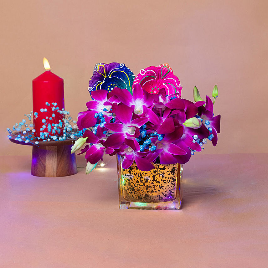 Orchids Vase N Diyas Diwali Combo: 