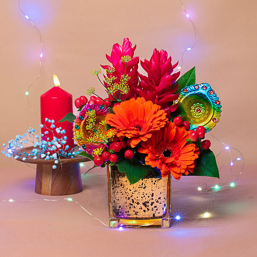 Charming Flowers Vase N Diyas Diwali Combo: Send Diwali Gifts To Singapore